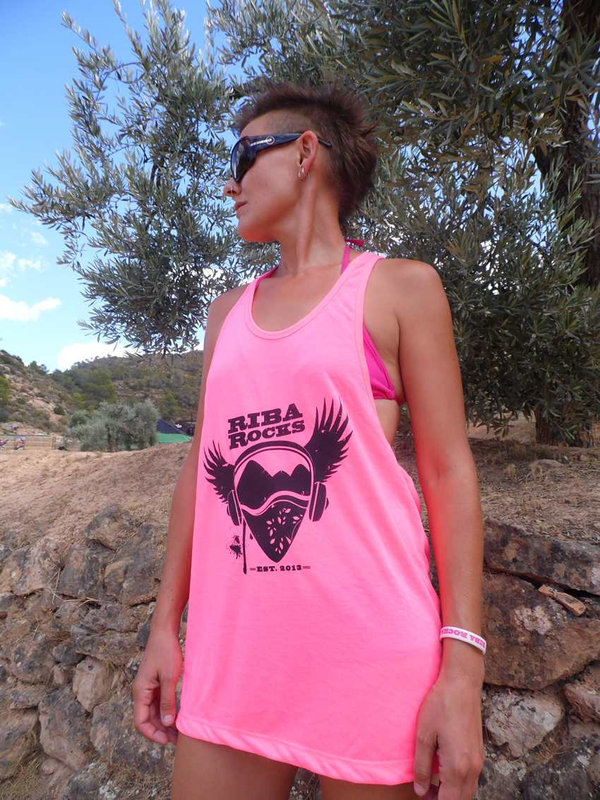 Riba Rocas Shop - Ibiza style pink vest with Riba Rocks large logo on front